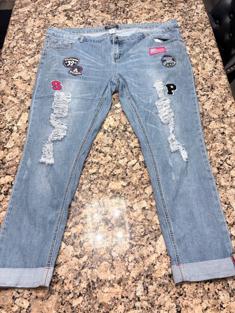 Angel Kiss Light Blue Distressed Boyfriend Jeans with Patch Accents